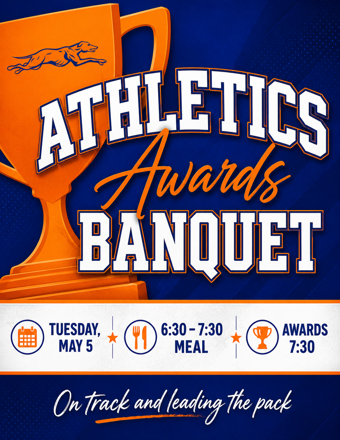 Join us as we celebrate our high school student-athletes at the Athletic Awards Banquet!  📅 Tuesday, May 5 🍽 Meal: 6:30 – 7:30 PM 🏅 Awards Ceremony: 7:30 PM  Come out for an evening of recognition, memories, and celebration as we honor the hard work and achievements of our athletes this year! 💙🧡 