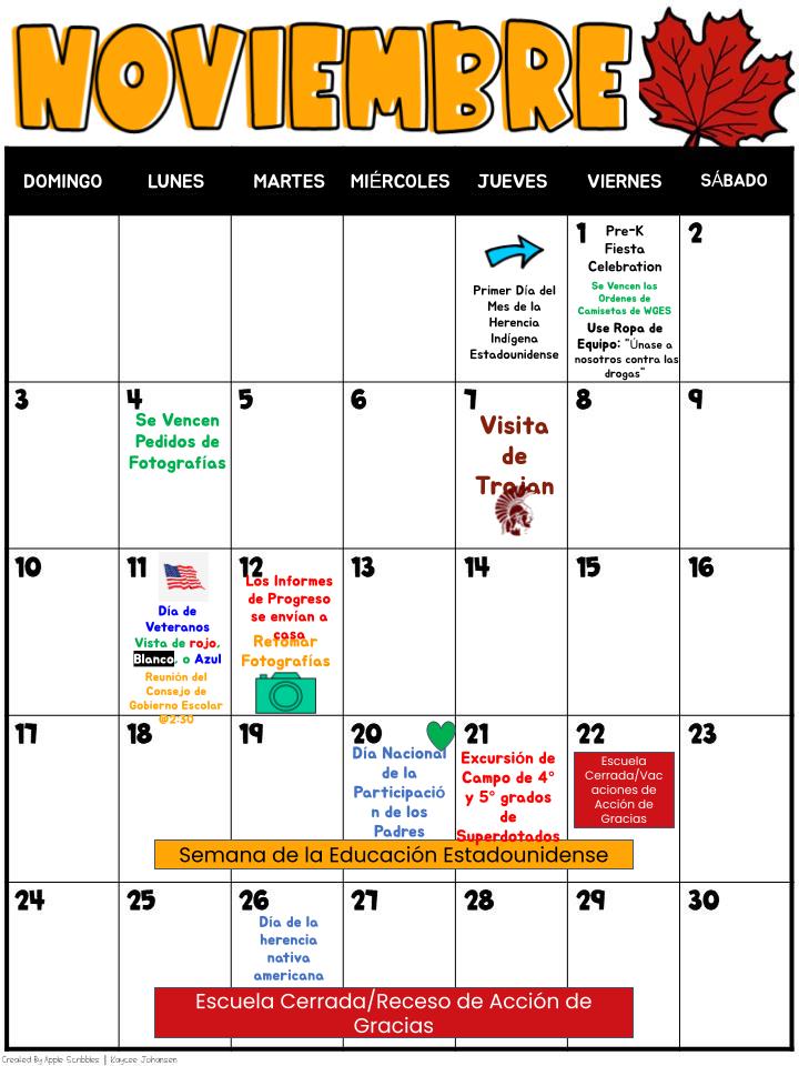 NOVEMBER SCHOOL CALENDAR (SPANISH)