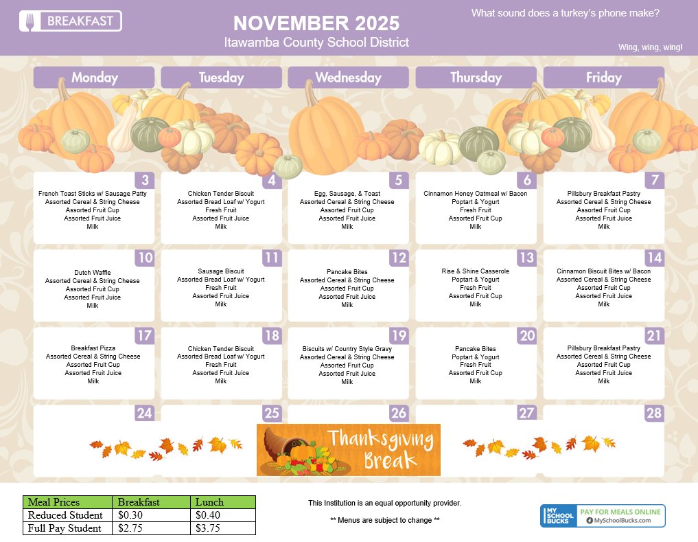 November Breakfast Menu