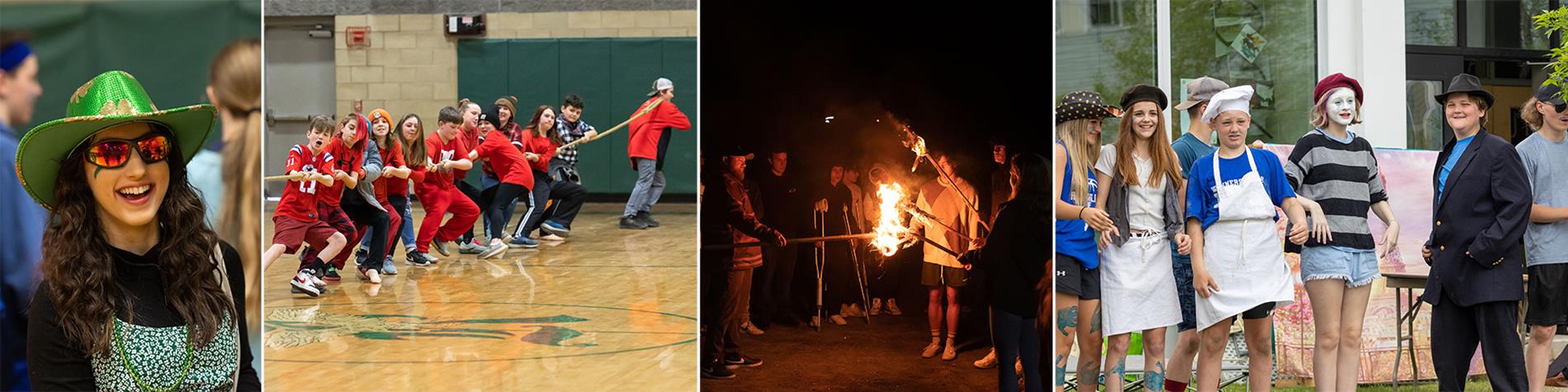 a compilation of photos from school events and traditions like the homecoming bonfire and winter carnival