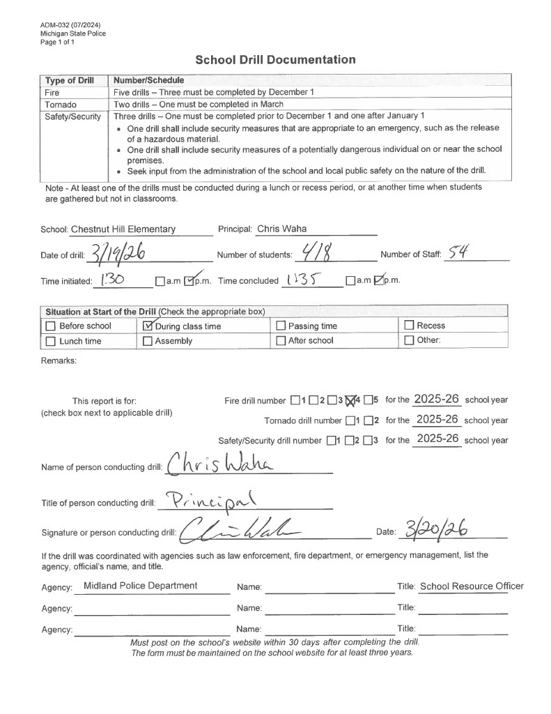 Form for Chesnut Hill Elementary's fourth fire drill of 2025-2026