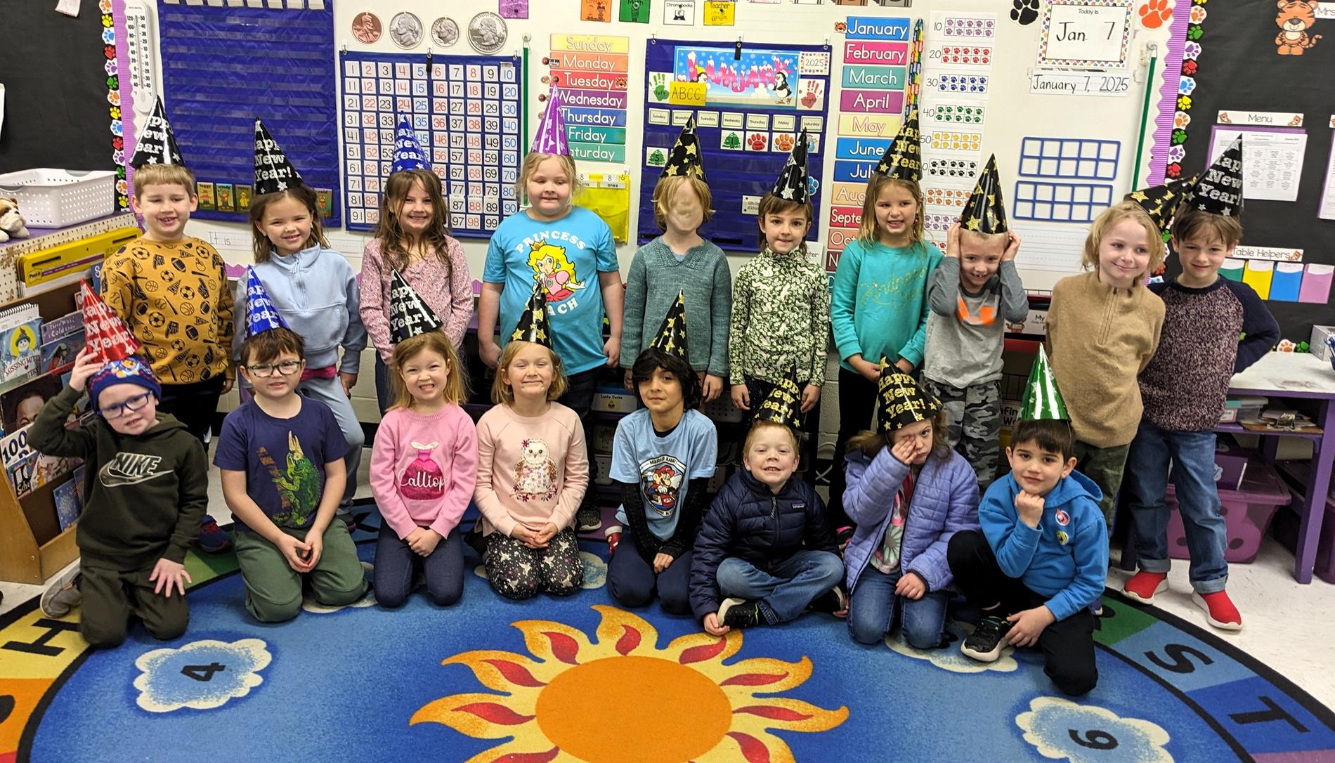 kindergarten class with new year's hats