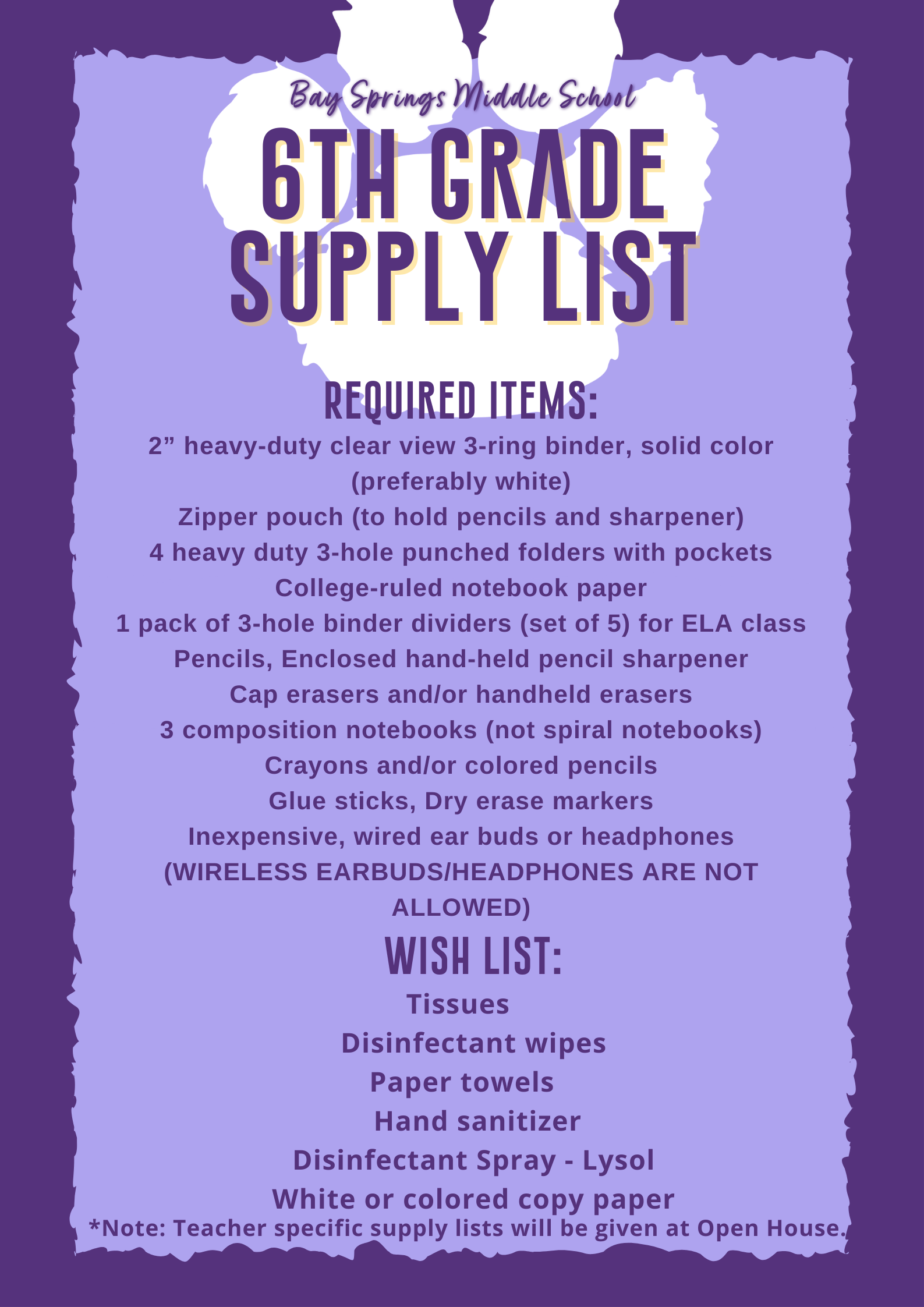 School Supply List for 6th Grade 2023