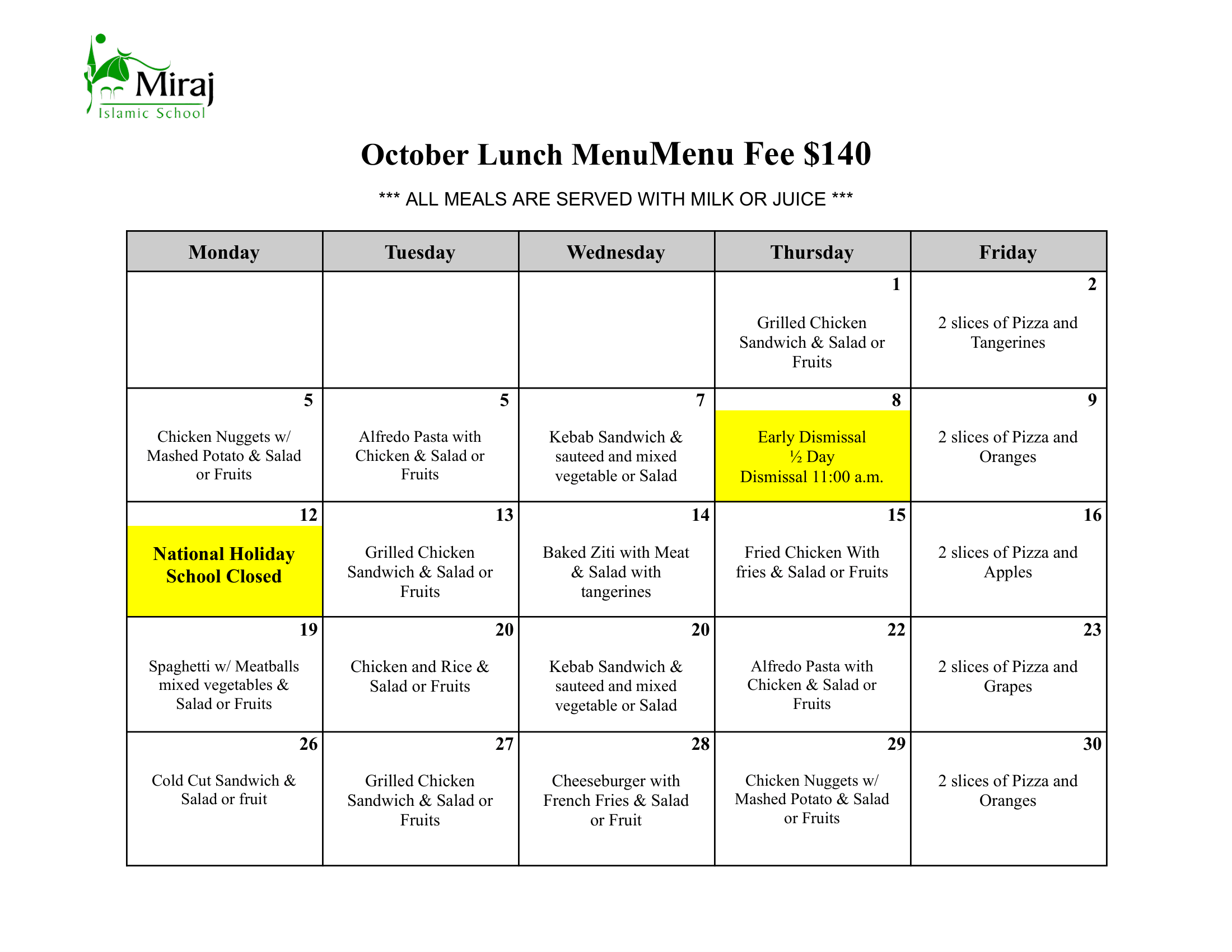 October Lunch Menu