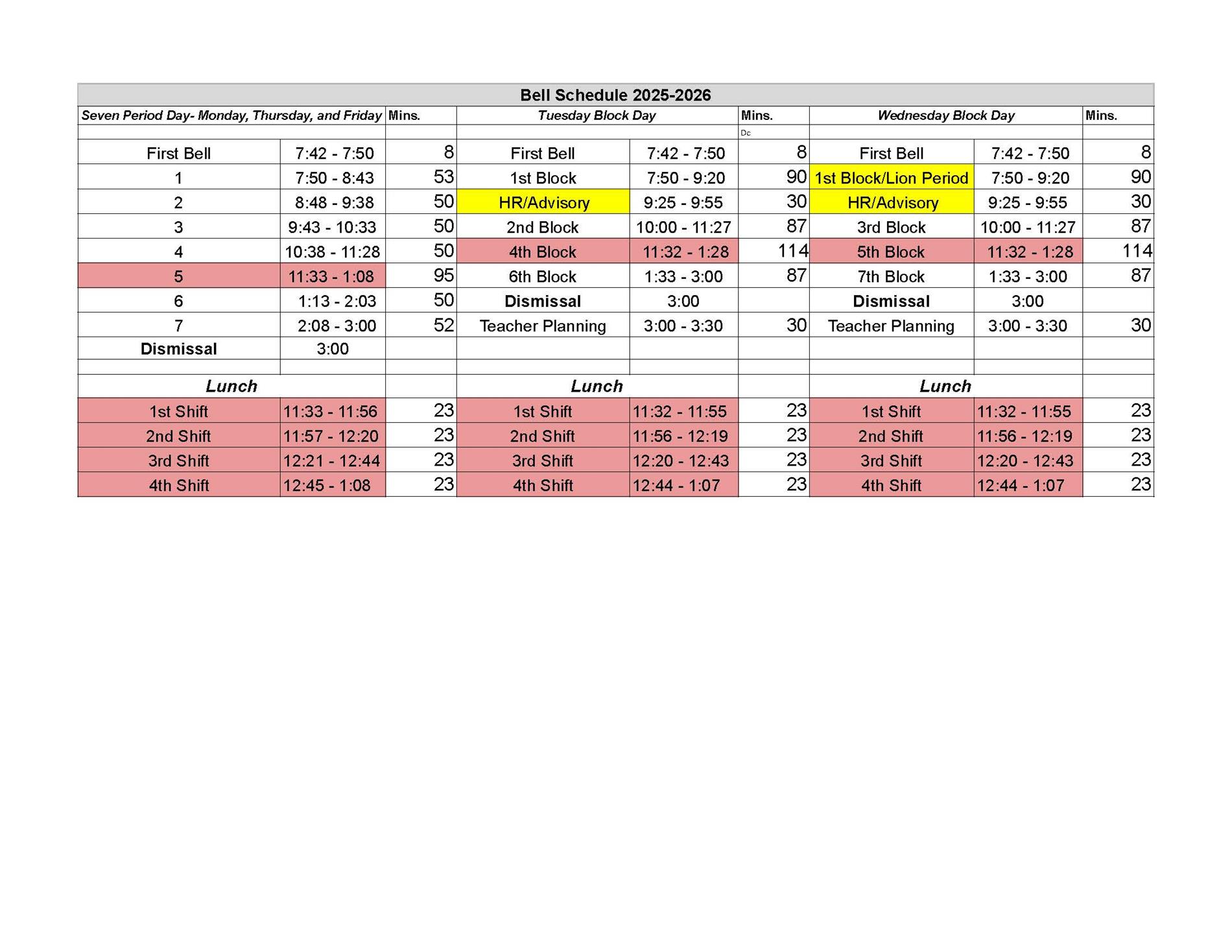 bell schedule