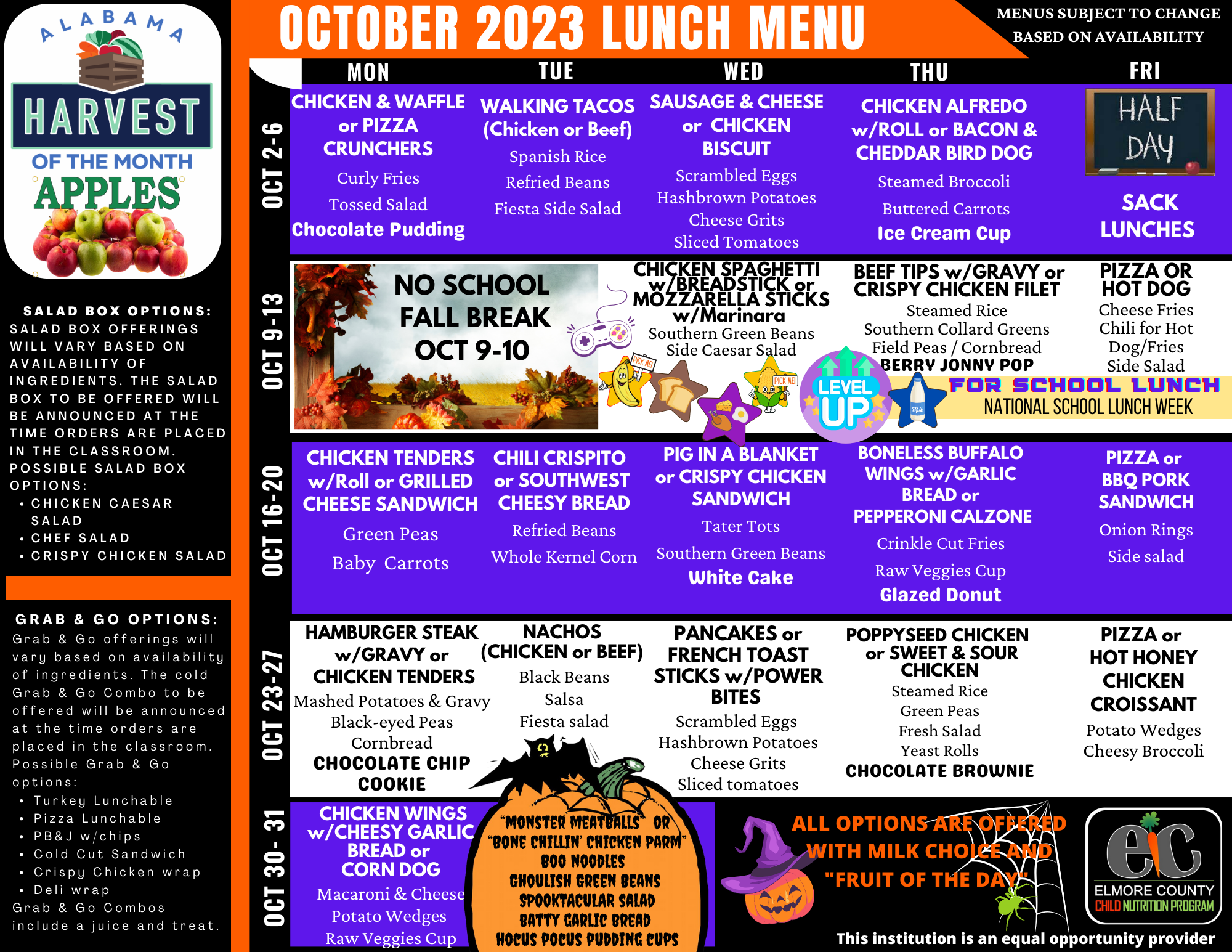 October 2023 Lunch Menu