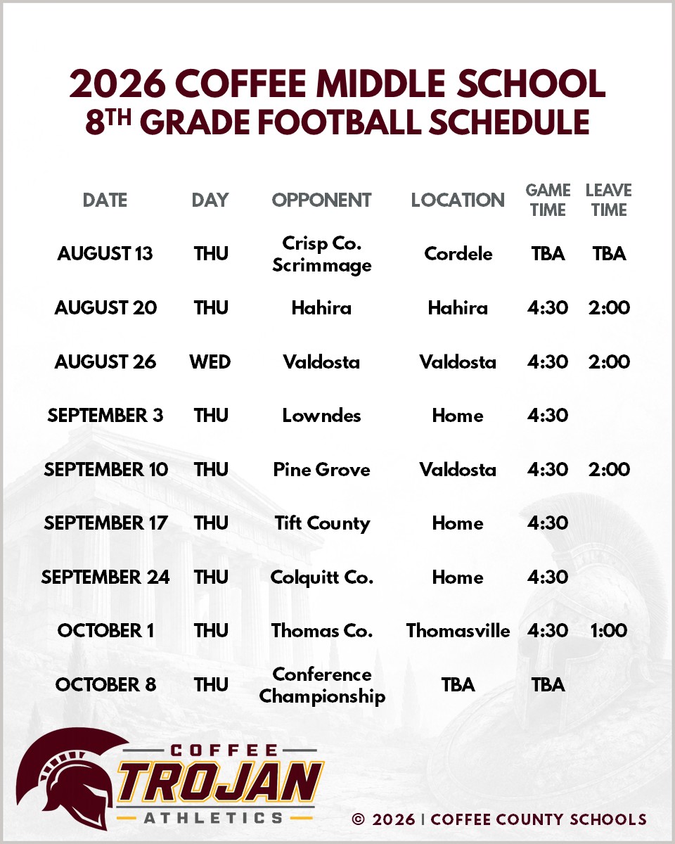2026 Coffee Middle School 8th Grade Football Schedule