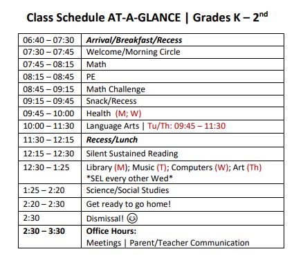 Class Schedule | K - 2nd