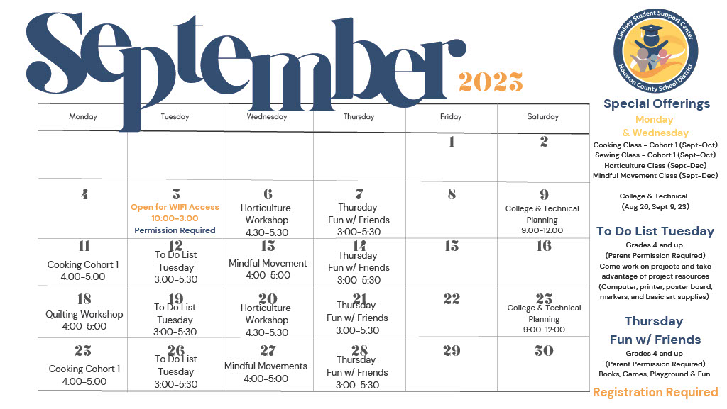Lindsey Student Support Center September Calendar