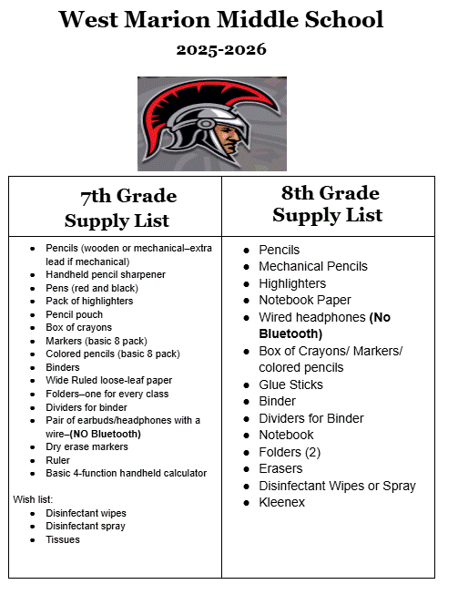 7th & 8th grade supply list