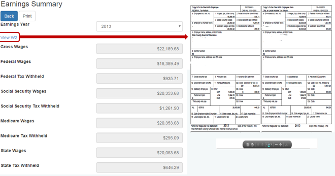 ESS payroll earning and W2 access screenshot