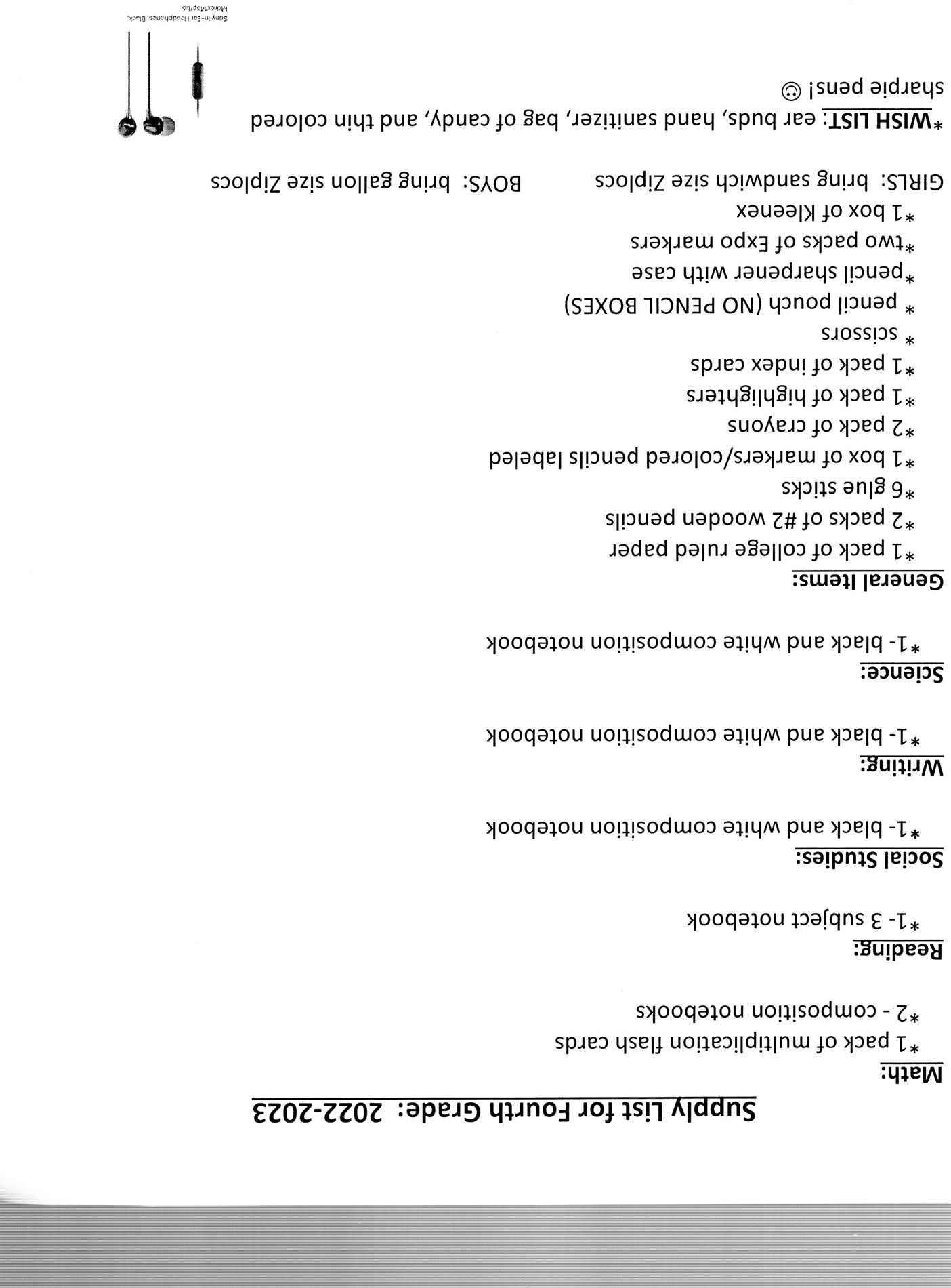 4th Grade Supply List