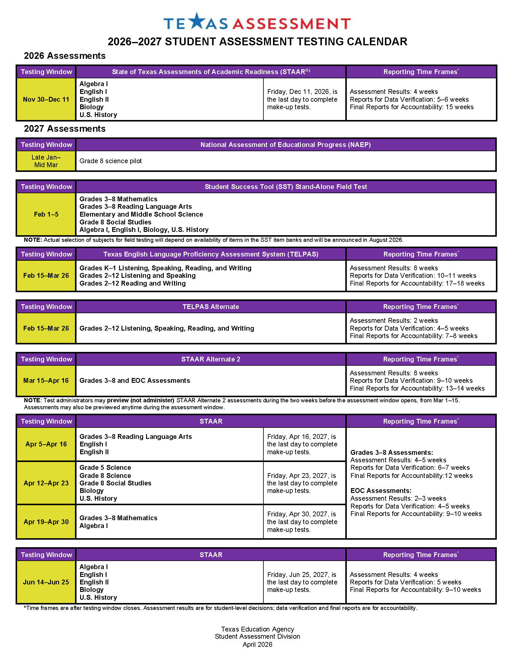 2026-2027 Testing Calendar