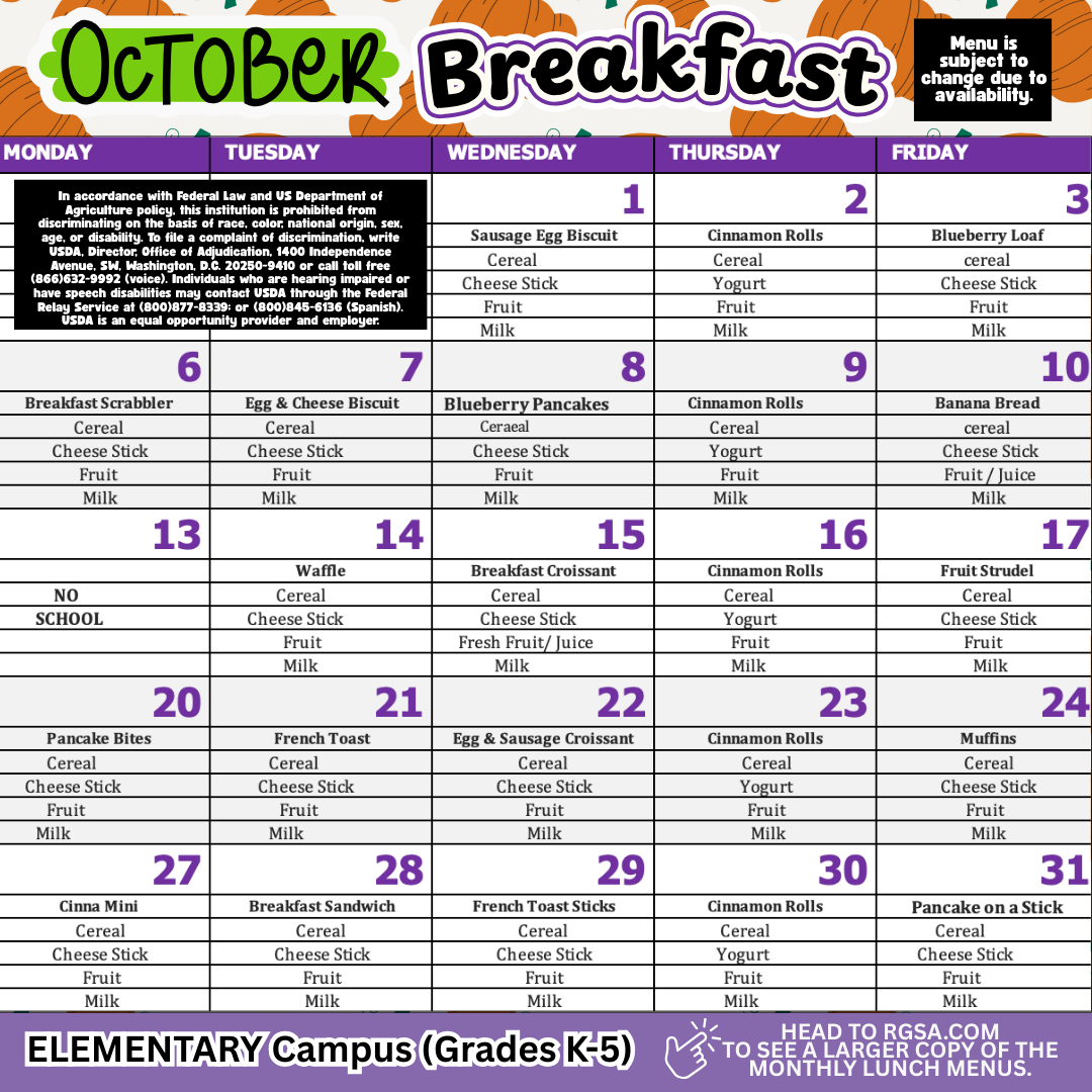elementary breakfast menu october