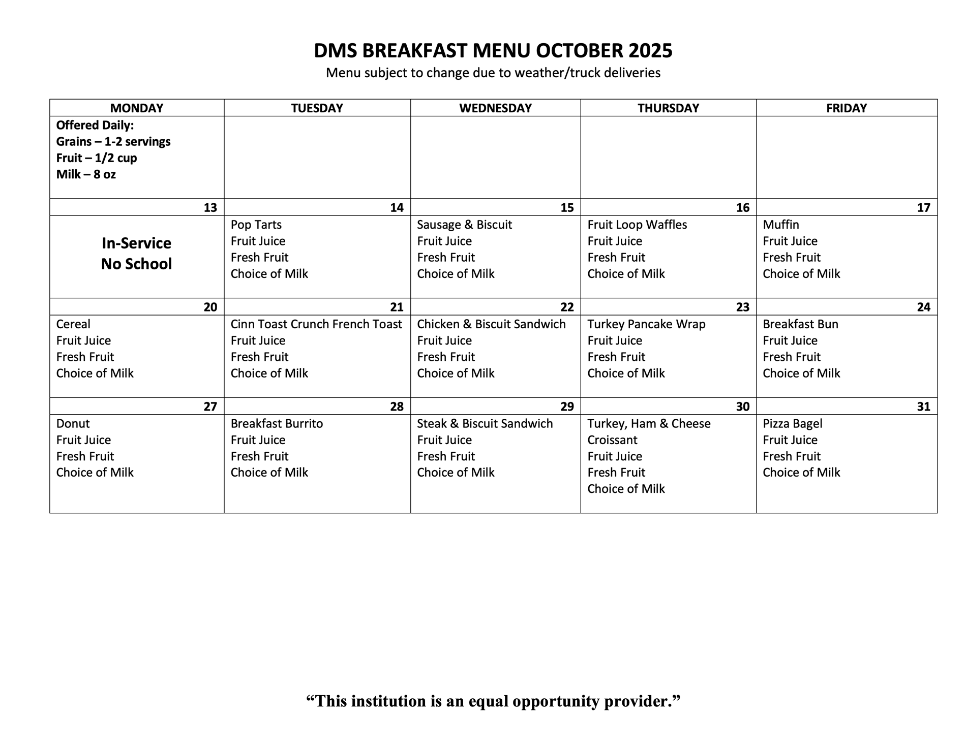 October Breakfast Menu
