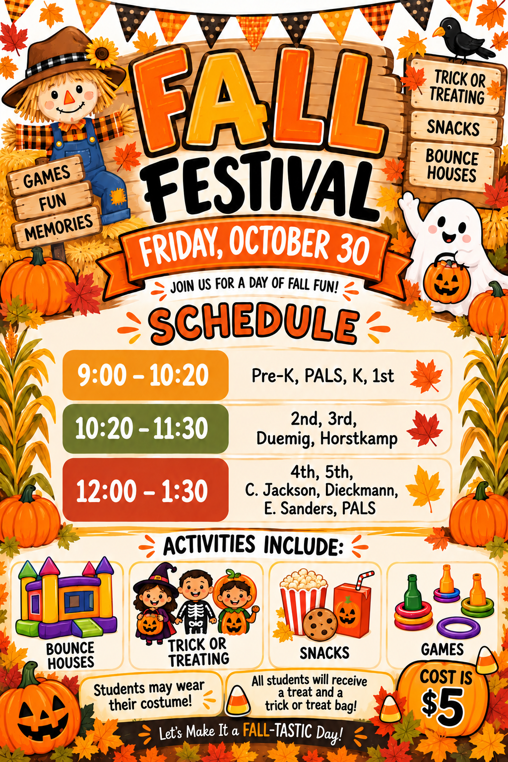 Colorful fall-themed flyer for the Fall Festival on Friday, October 30. The schedule is 9:00–10:20 for Pre-K, PALS, K, and 1st; 10:20–11:30 for 2nd, 3rd, Duemig, and Horstkamp; and 12:00–1:30 for 4th, 5th, C. Jackson, Dieckmann, E. Sanders, and PALS. Activities include bounce houses, trick-or-treating, snacks, and games. Students may wear costumes, and all students receive a treat and trick-or-treat bag. Cost is $5.