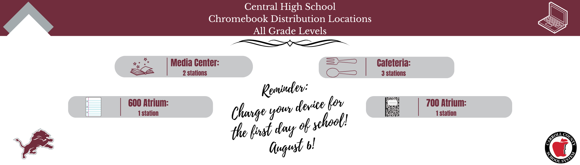 Pick up Chromebooks in the cafeteria, media center, and atrium on the 600 and 700 halls during open house august 4.
