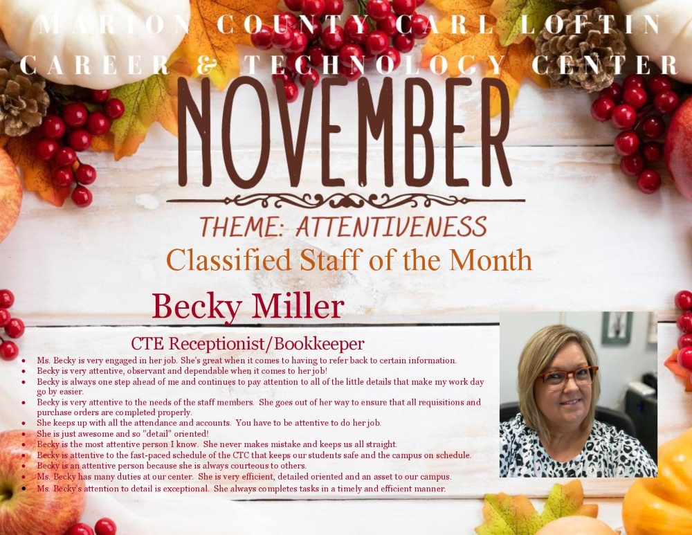 Congratulations to the November Classified Staff of the Month