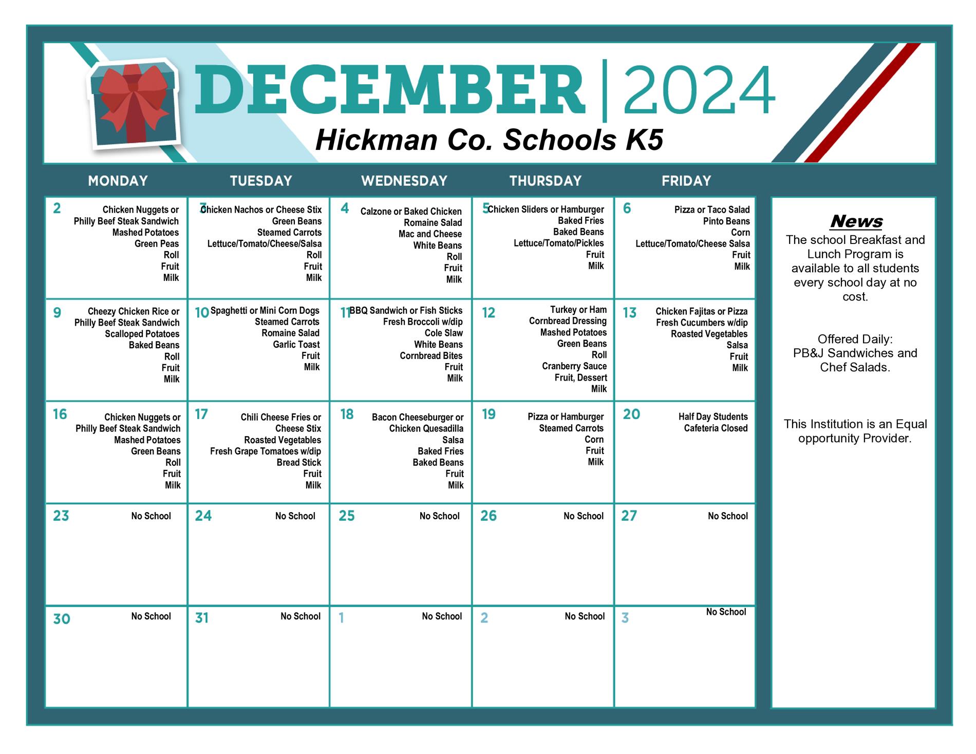 December Lunch Schedule