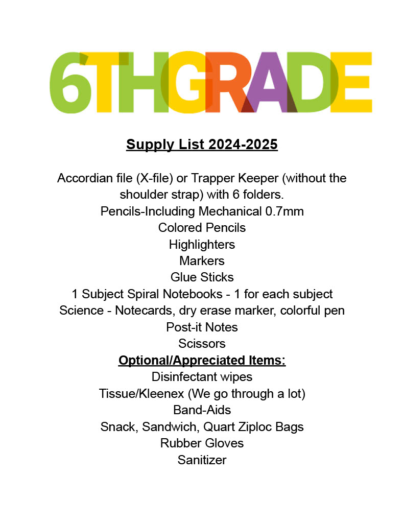 6th Grade School Supply List