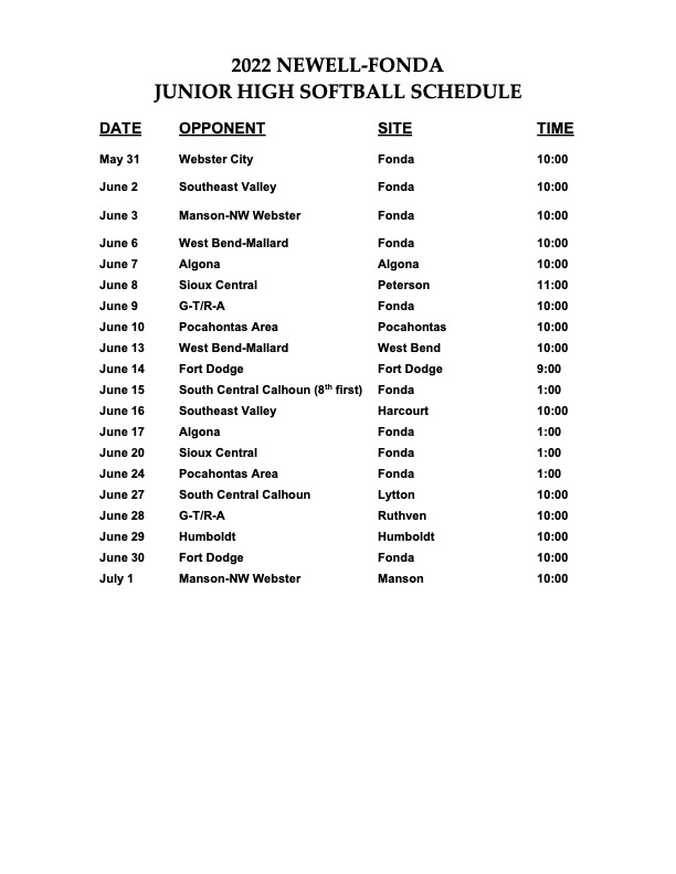 JH Softball Schedule