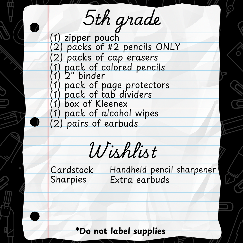 5th Supply List