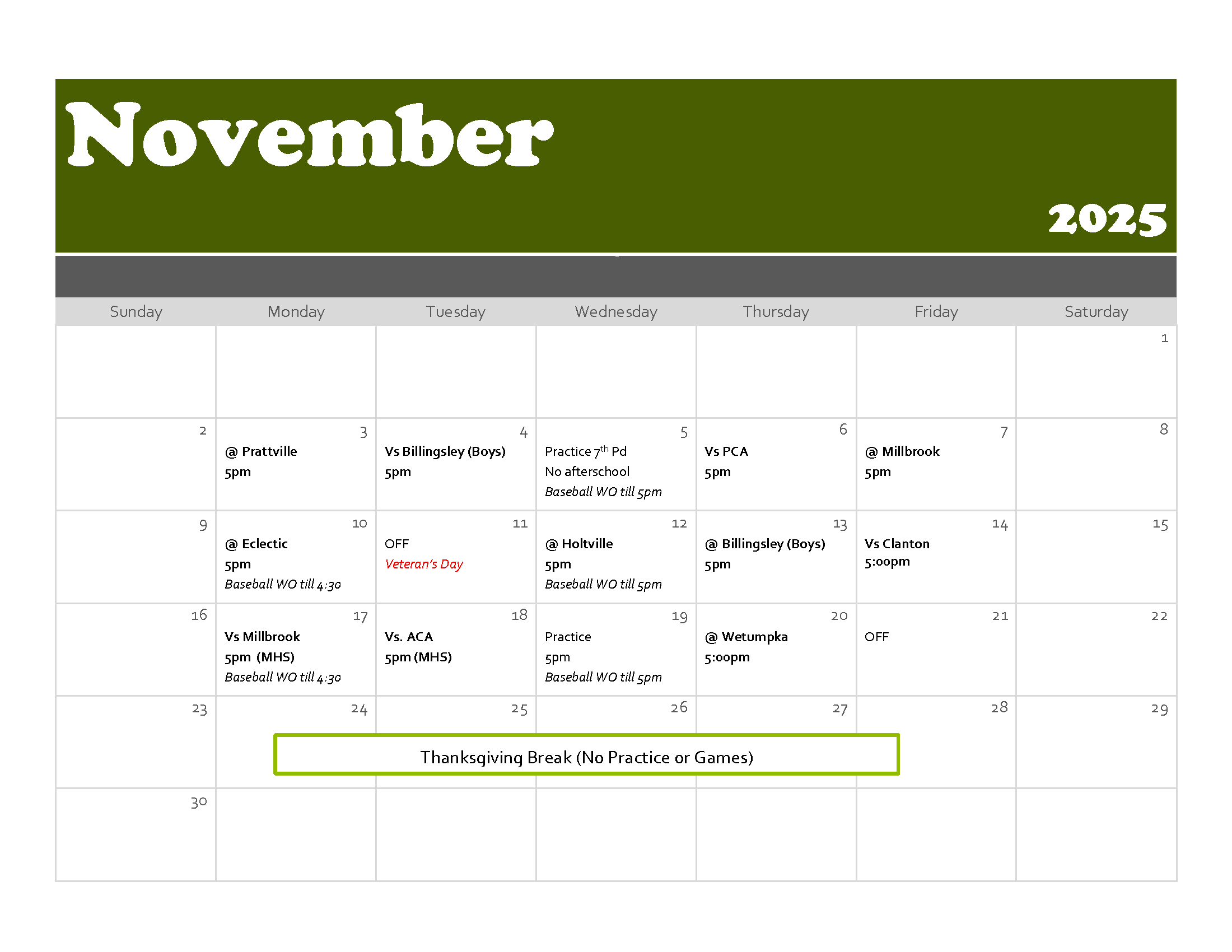 November Sched