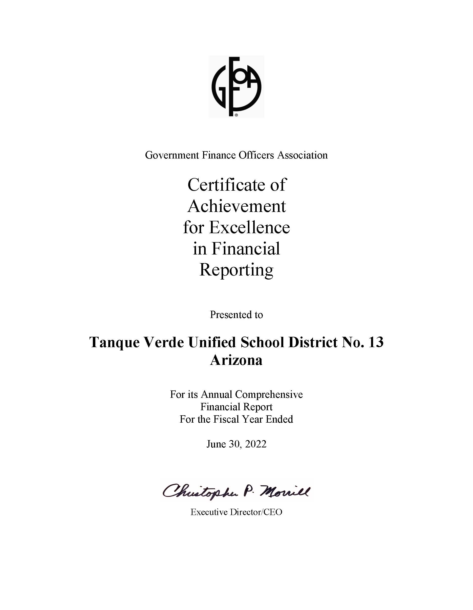 GFOA Certificate of Achievement for Excellence in Financial Reporting 
