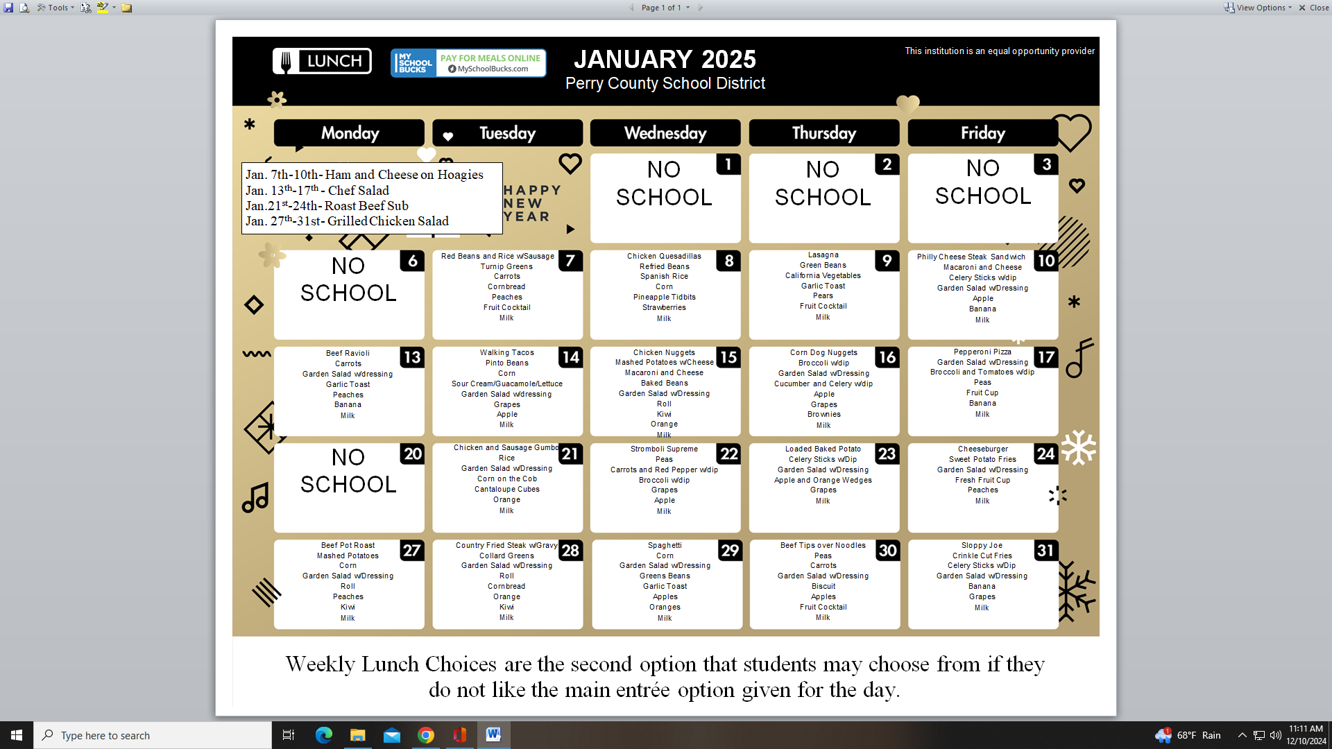 January Lunch Menu 2025