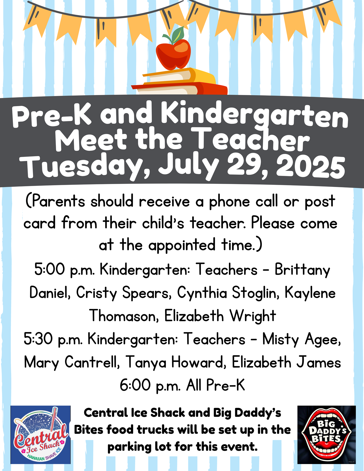 Meet the Teacher Pre-k and kindergarten Tuesday July 29th beginning at 5pm