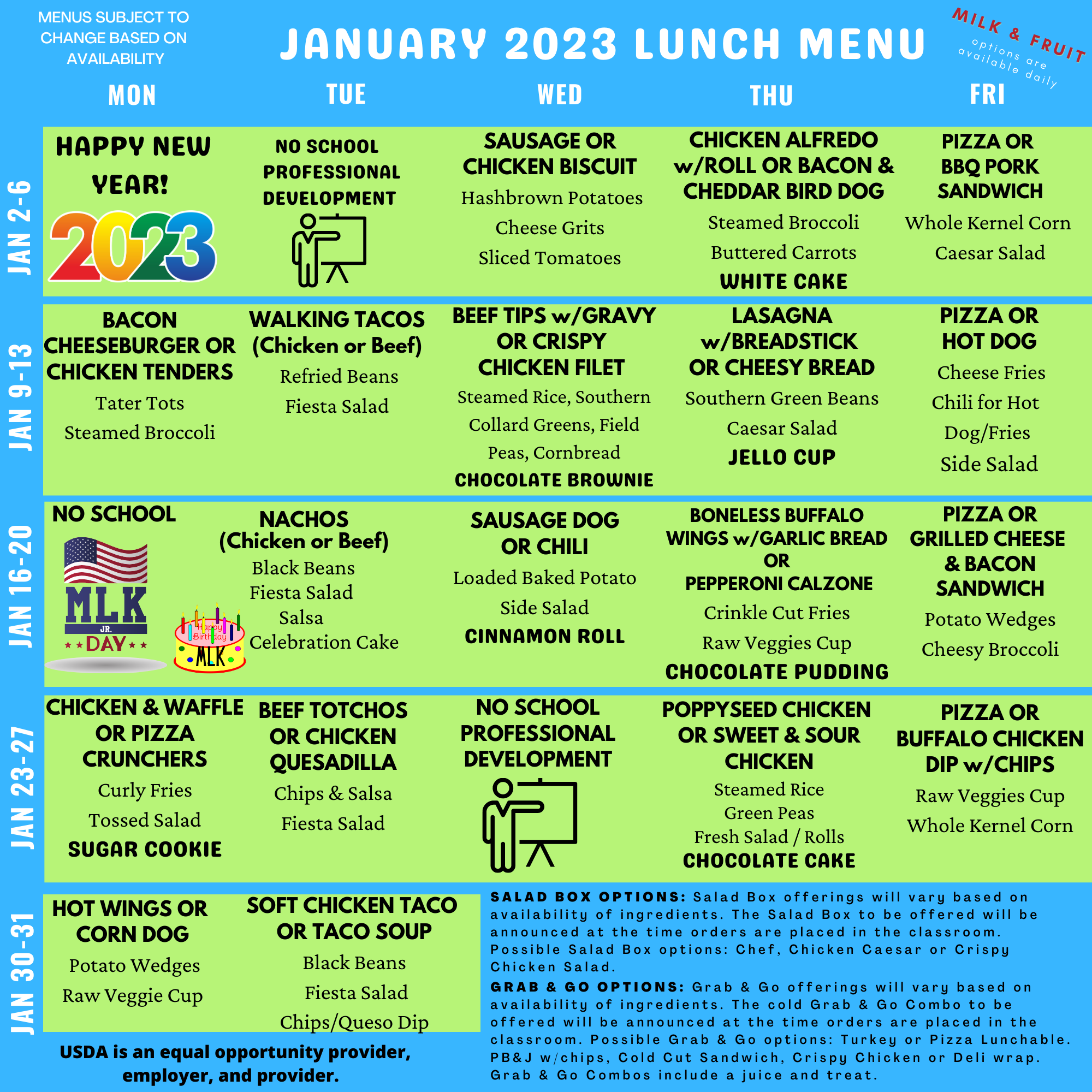 January 2023 Lunch Menu