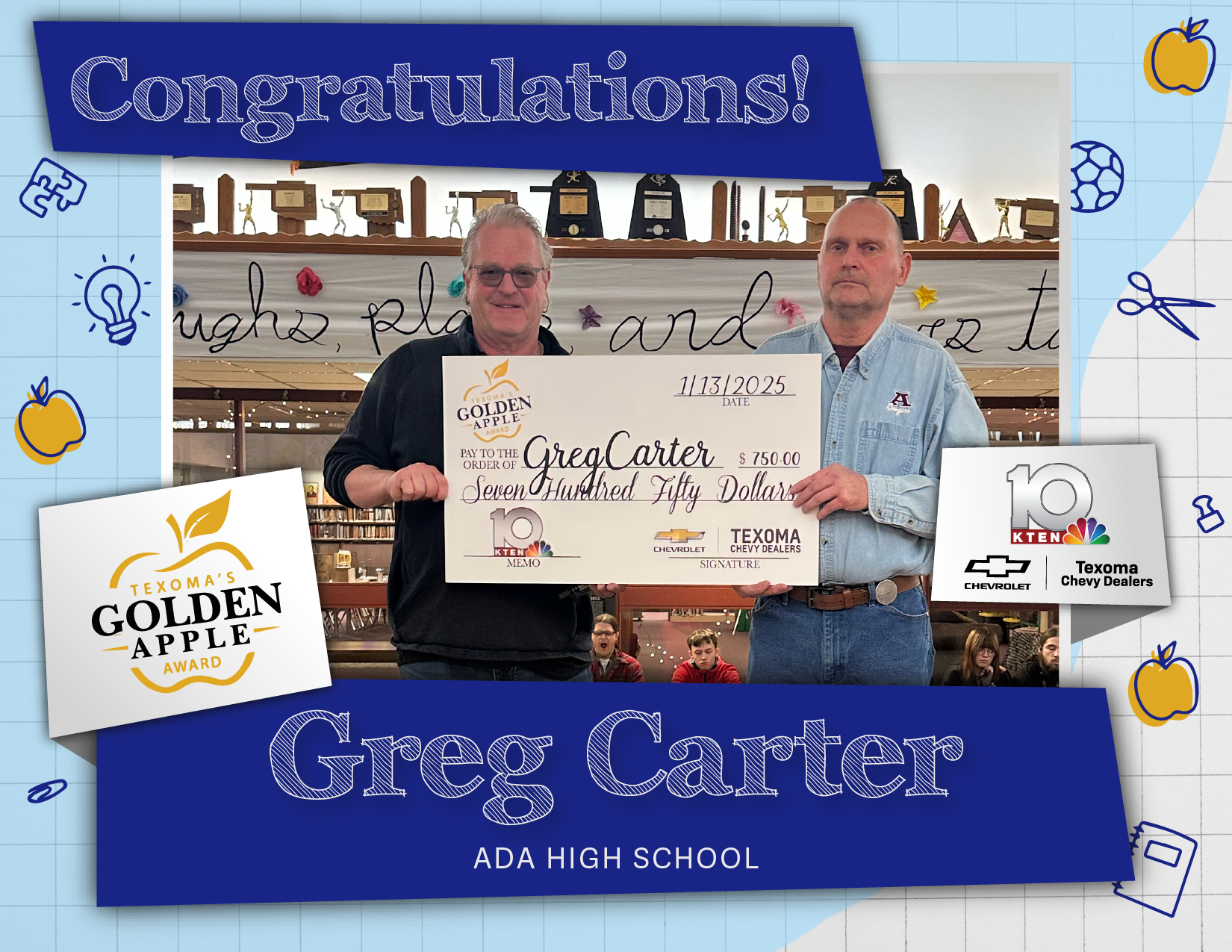 Greg Carter (right) is presented the Texoma Golden Apple Award