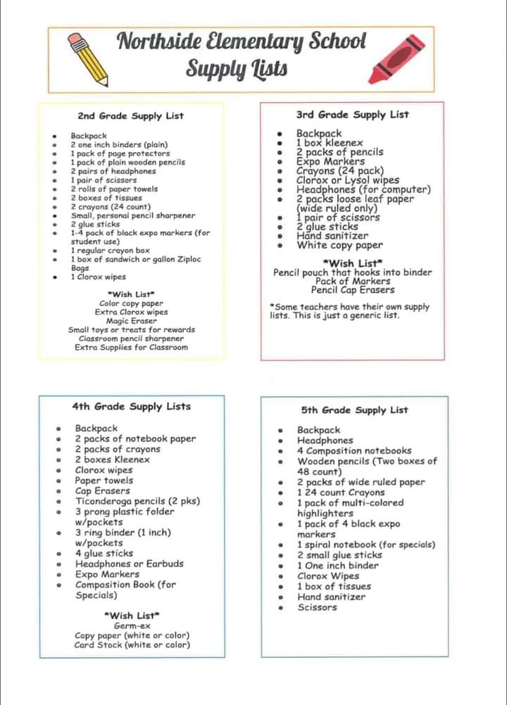 Supply Lists for 2nd - 5th Grade