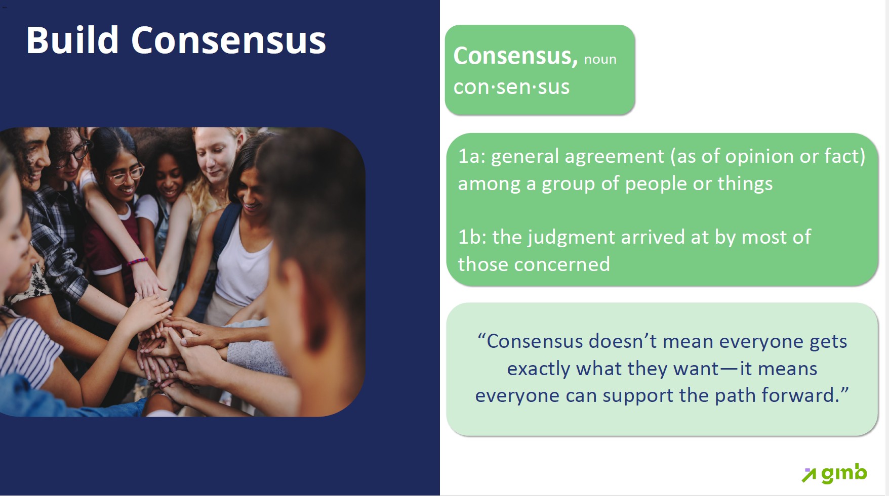 A screenshot of the June 15 Board presentation that includes an explanation of the term 'consensus'