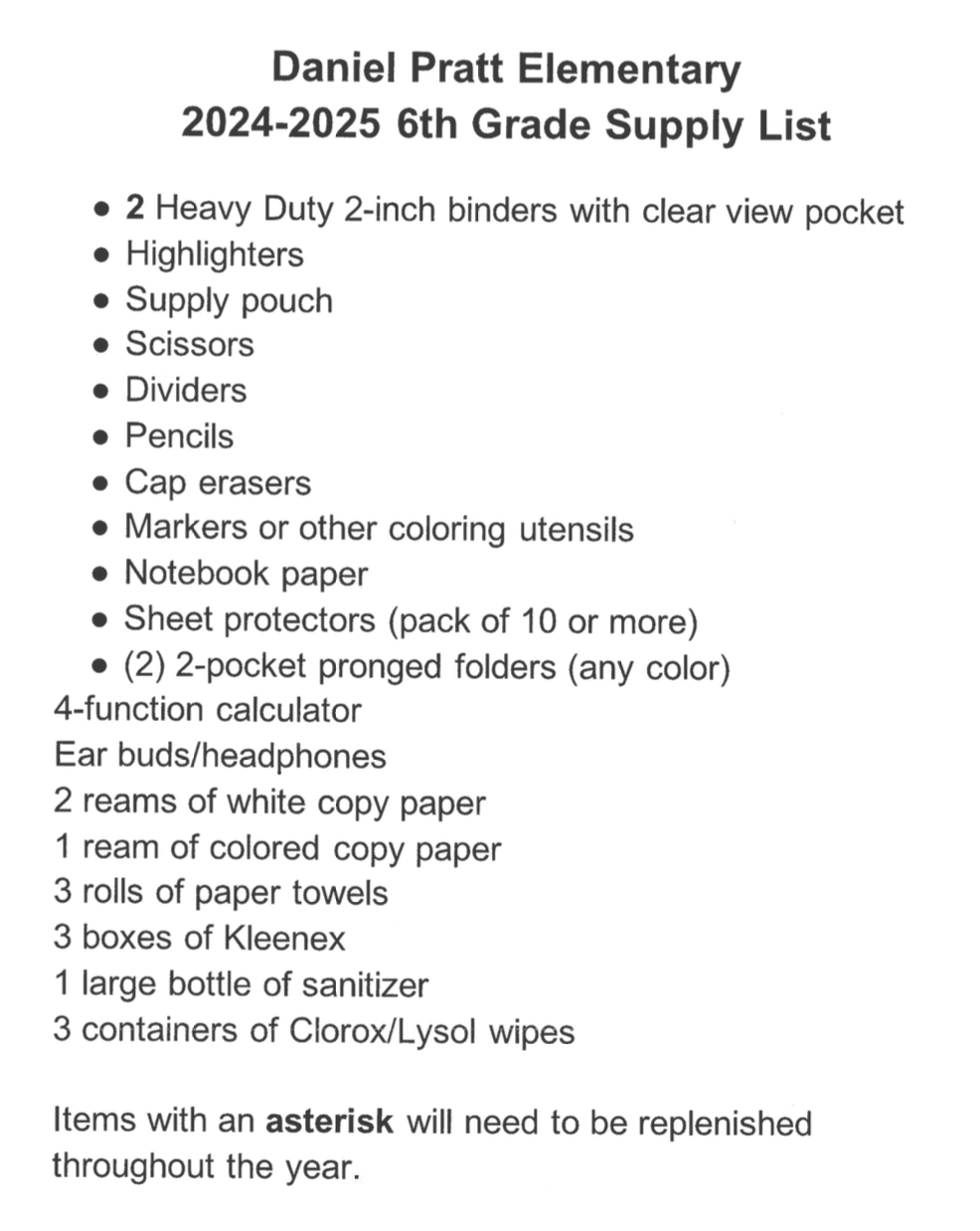 6th grade supply list