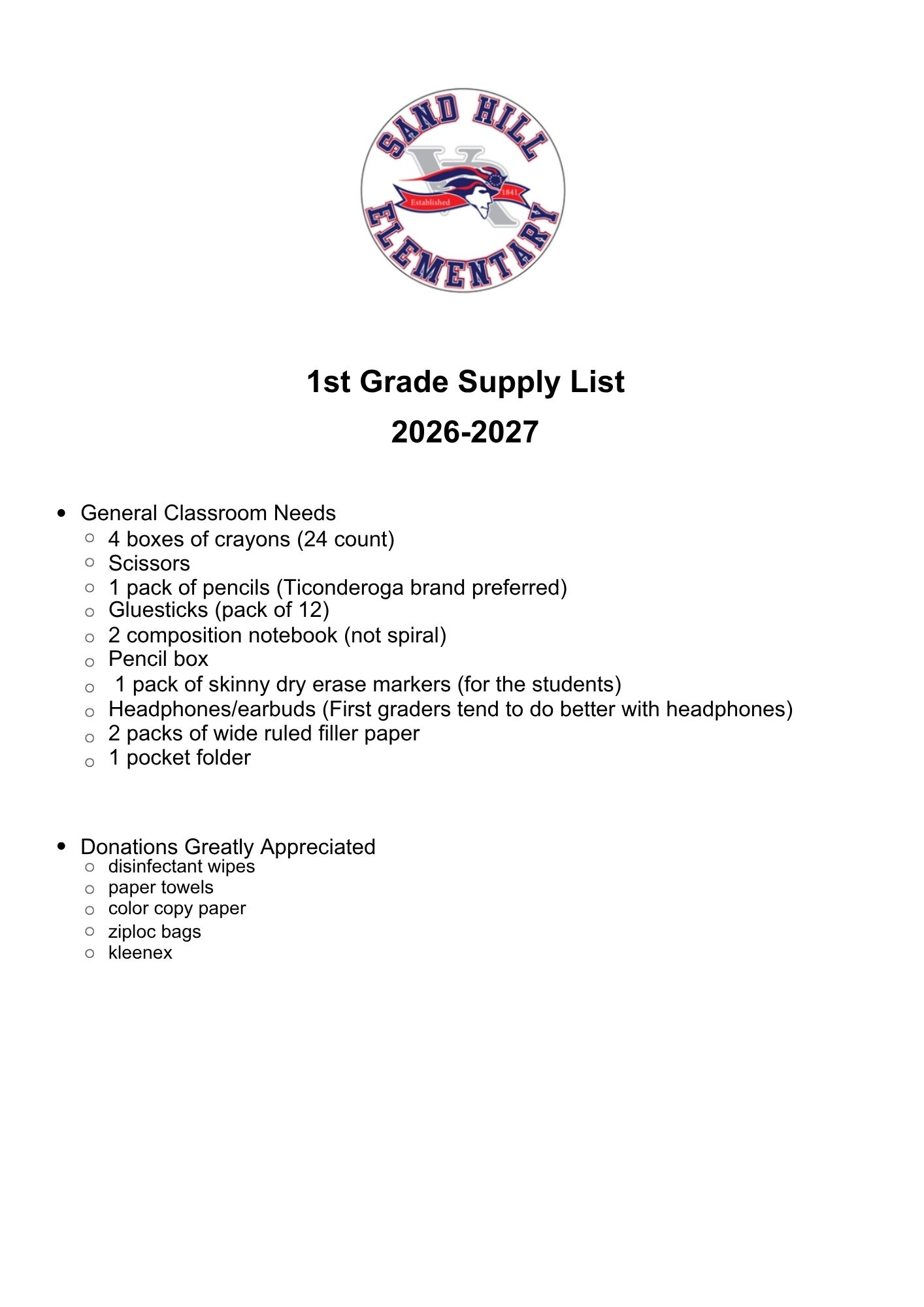 FIrst Grade Supply List 2026 - 2027