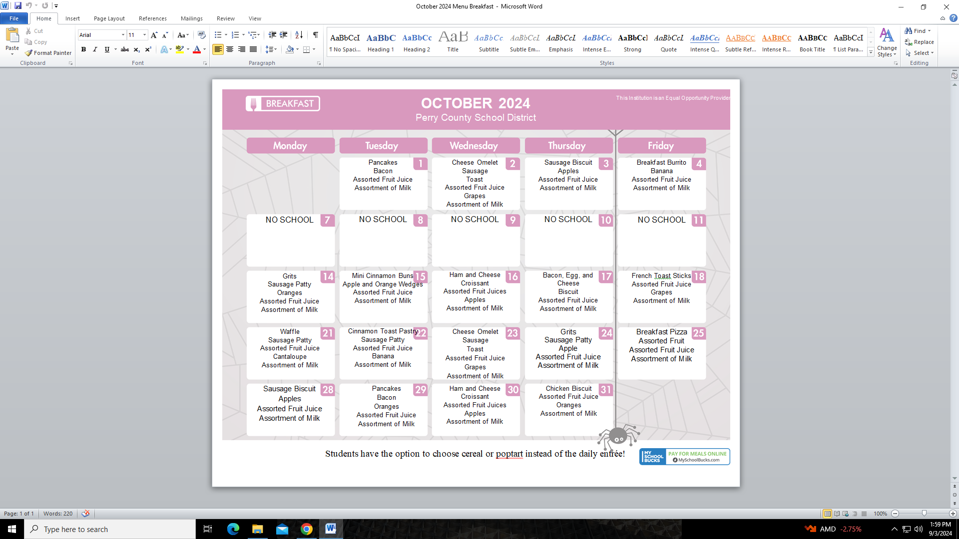 October Breakfast Menu 2024