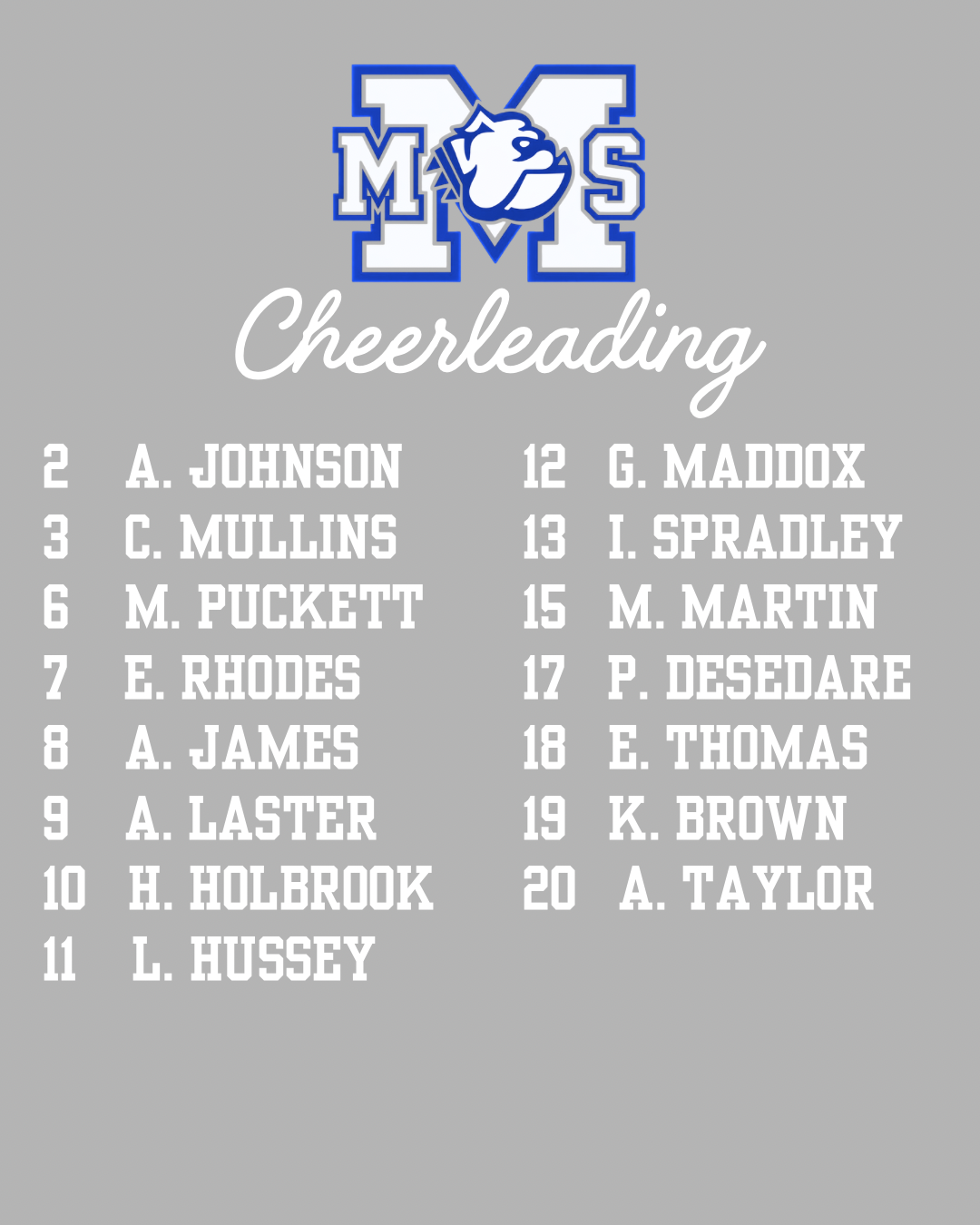 List of names for the 2026-2027 cheer team