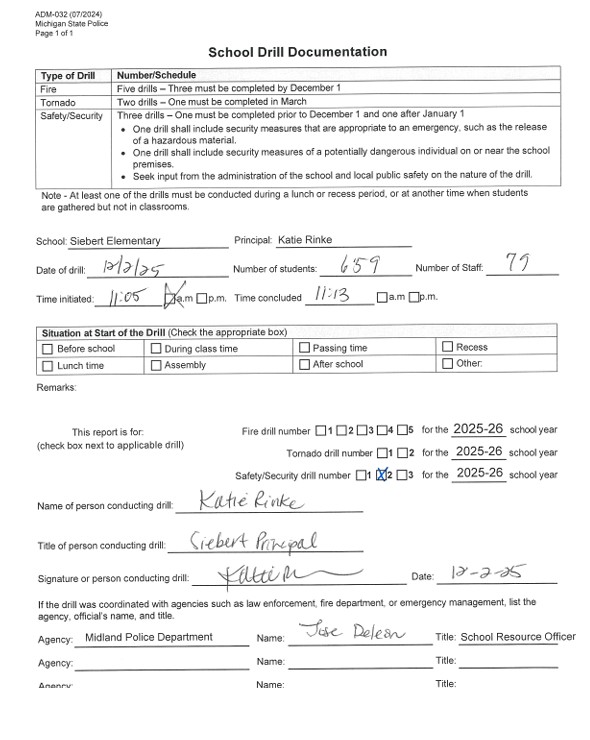 A form for Safety Drill #2 at Siebert Elementary