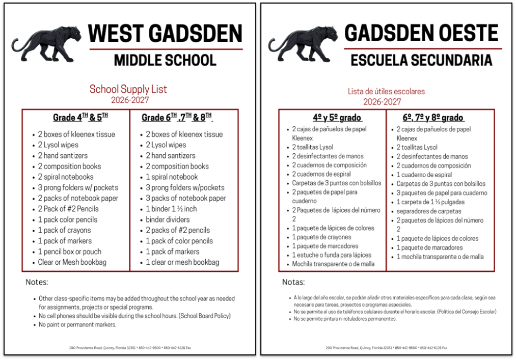 SCHOOL SUPPLY LIST 2026-2027