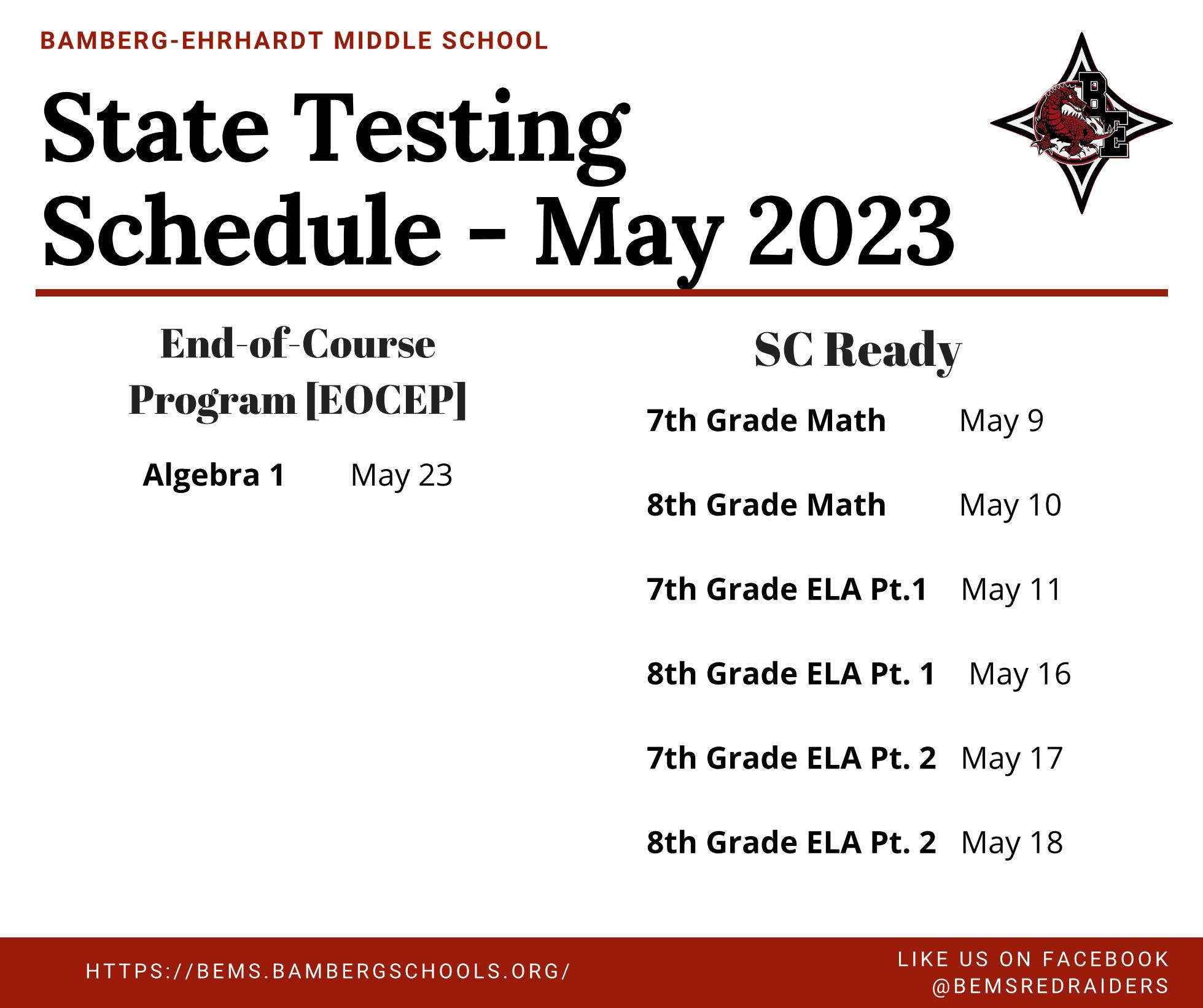 BEMS 2023 State Testing Schedule