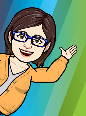 Bitmoji of waving, smiling white woman with brown hair and glasses on a blue and green striped background.