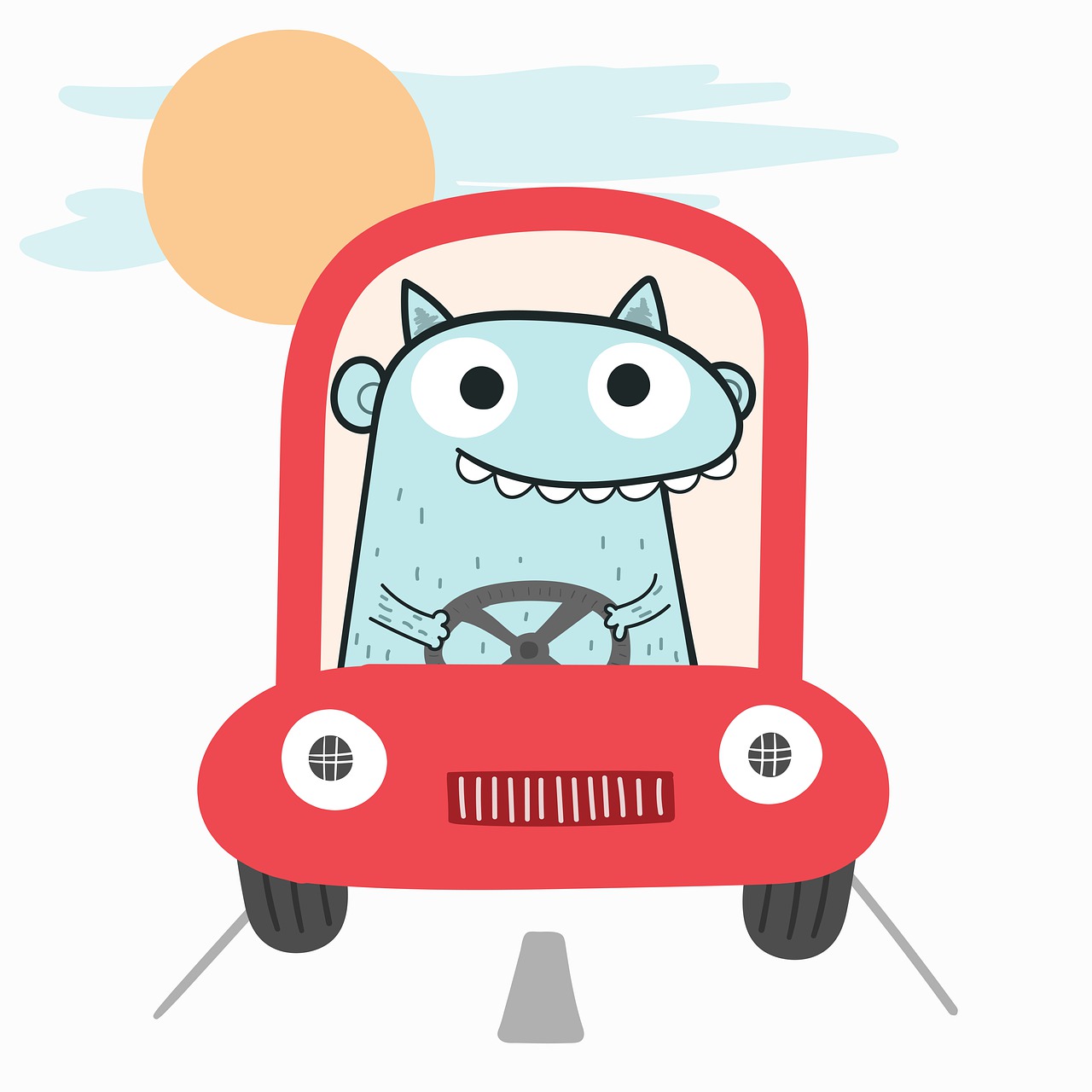 illustration of a funny, cute monster driving a car on a road