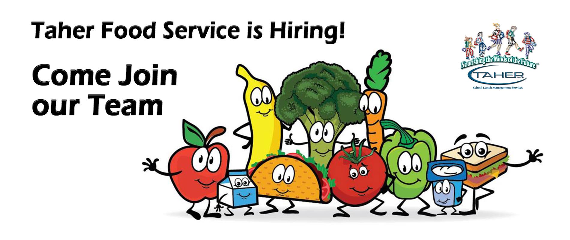 clipart of vegetables standing and smiling along with the Taher company logo inviting you to apply for open positions for the next school year