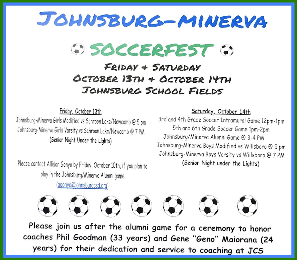 Minerva Johnsburg Soccer Fest October 13 - 14, 2023 at Johnsburg Central School 
