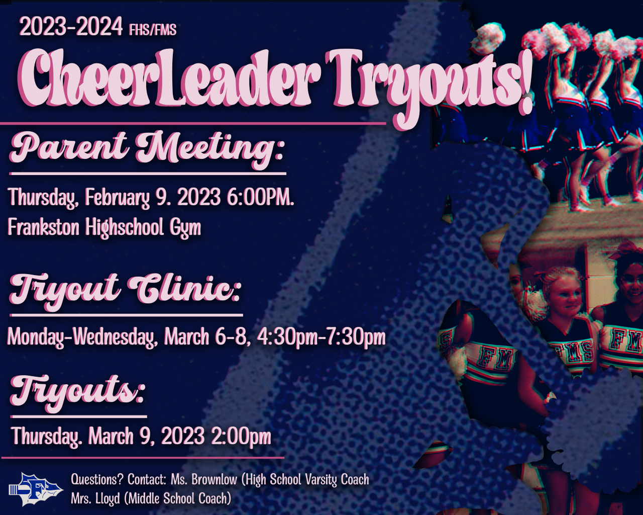 Cheer Tryouts.  Parent meeting Thursday February 9 2023