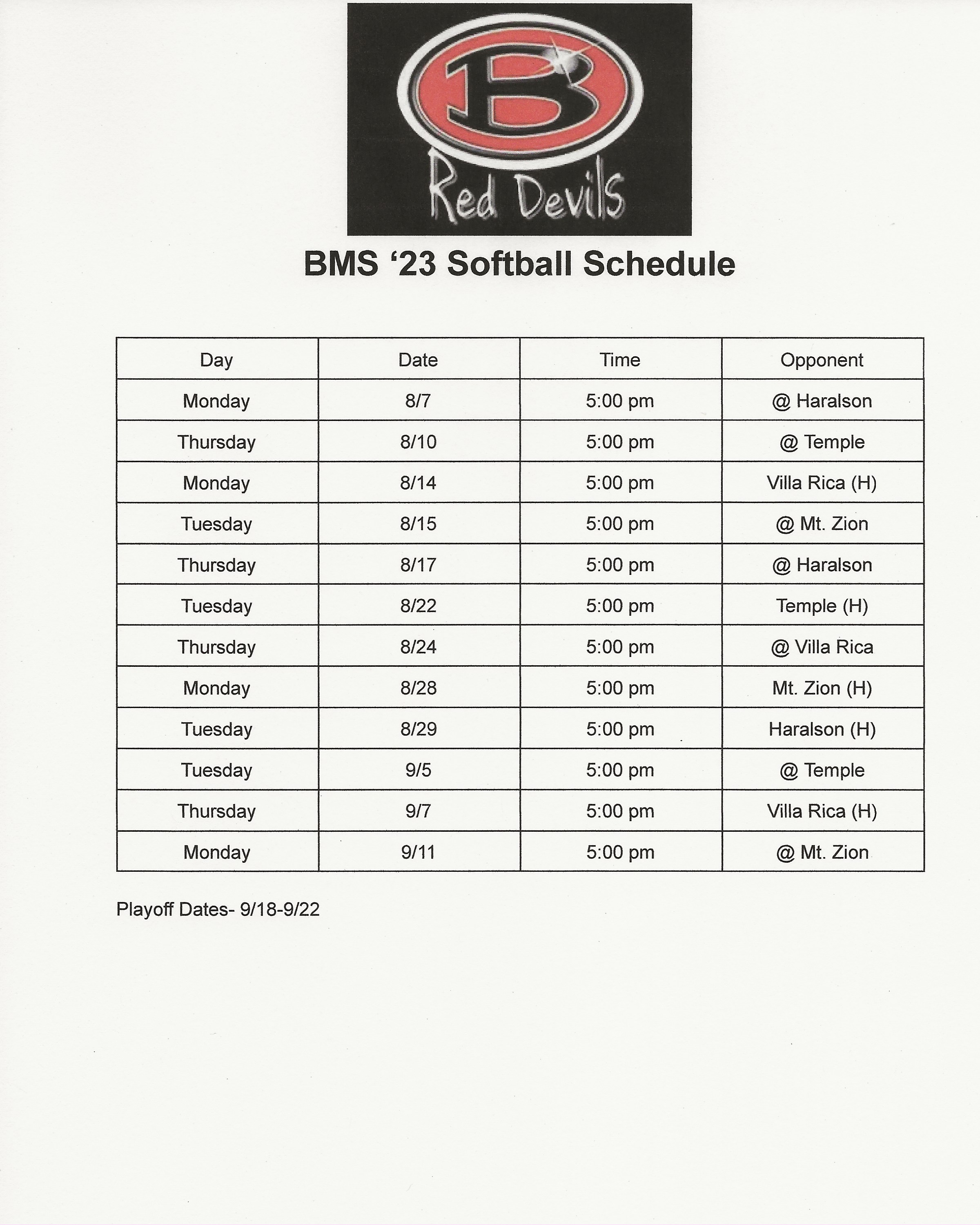 2023 BMS Softball Schedule