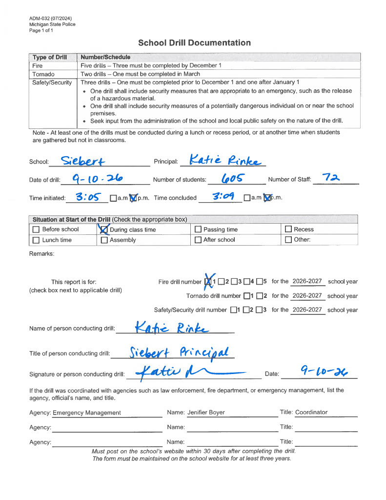 Siebert Elementary fire drill form 2026-2027