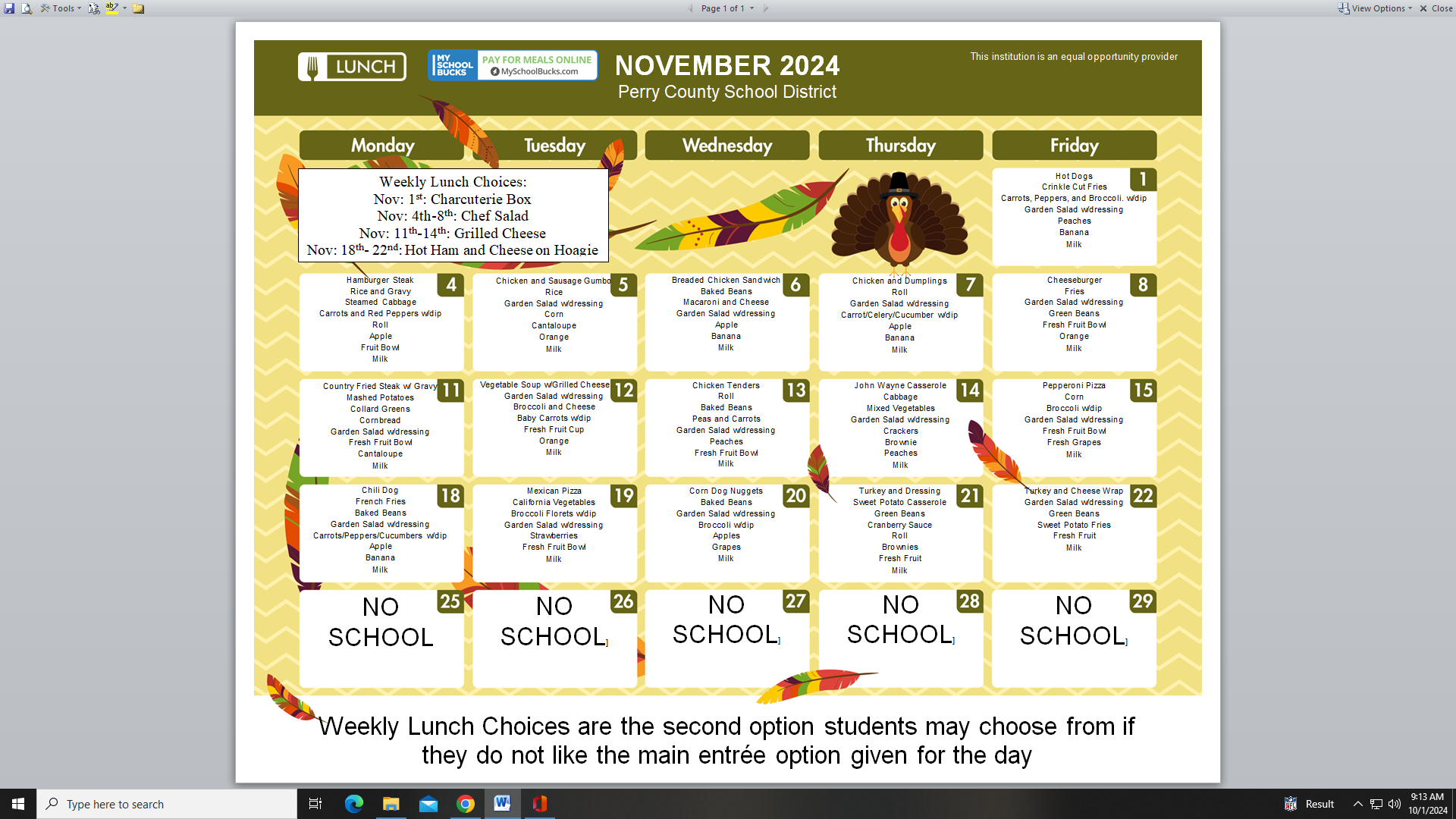 November Lunch Menu 2024