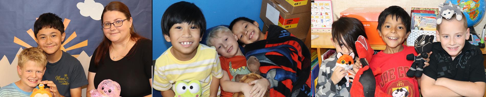 Kids and staff members with their stuffed animals for spirit week